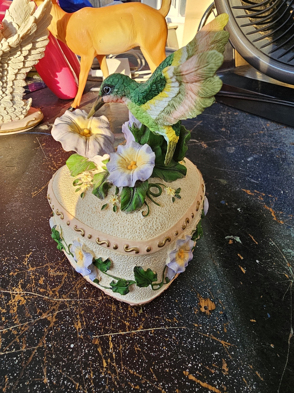Decorative Green Hummingbird Floral Trinket Box